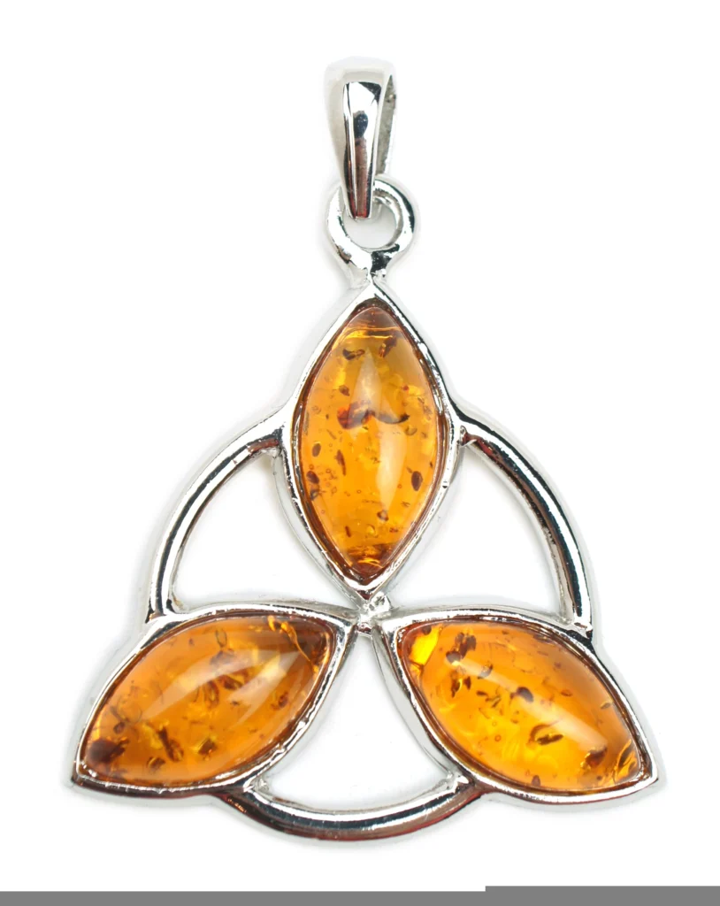 Sterling silver pendant featuring three polished amber resin stones in a triquetra design