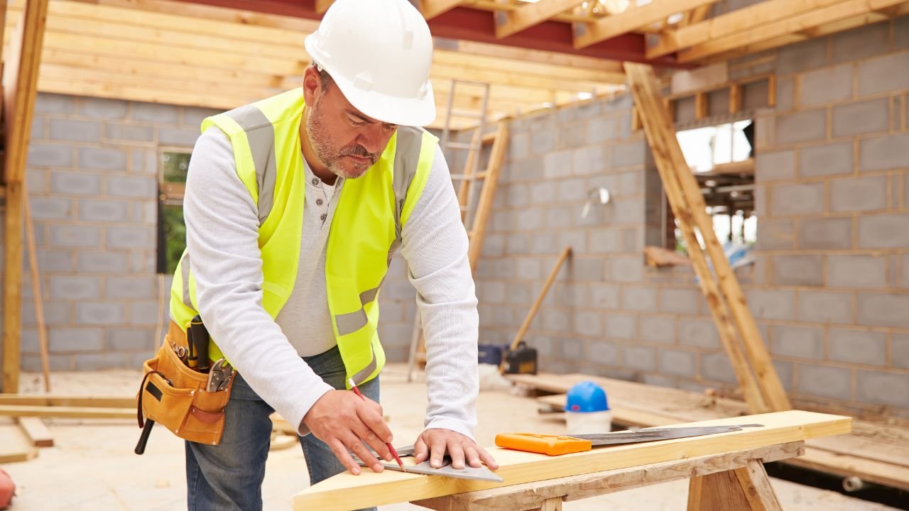 Carpenter measuring and marking a wooden beam on a construction site