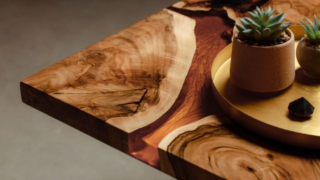 Live edge epoxy coffee table styled with succulents and a gold decorative tray